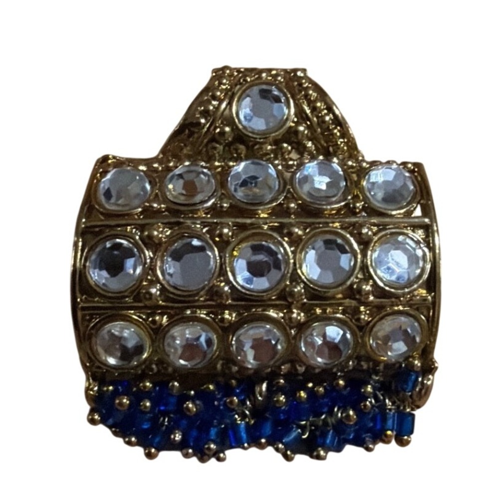 Vintage Gold Tone Rhinestone Slide Pendant Blue Bead Fringe Statement Unique